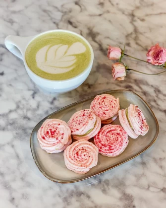 raspberry matcha macaron At Passion Flour Patisserie In Salt Lake City