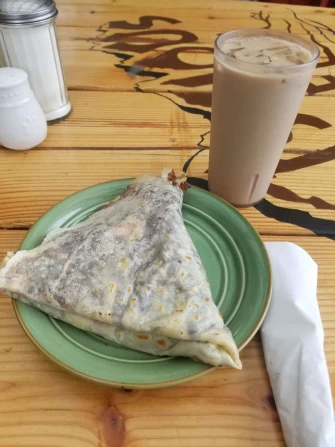 Sweet crepe with iced coffee At Conscious Coffee In Talkeetna