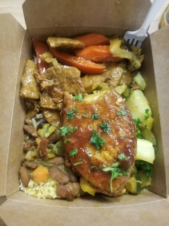 Mock fish, quinoa, bean stew, okra stew, okra with yucca, stew mock chicken and rice and beans At Organic Love